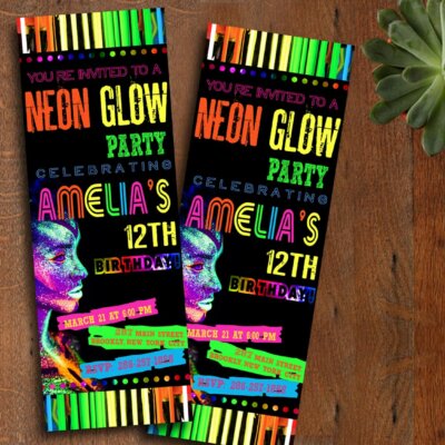 Glow Birthday Invitation, Glow Party Invitation, Glow Invitation, Neon Birthday Invitation, Neon Glow Invitation, Neon Thank You Card