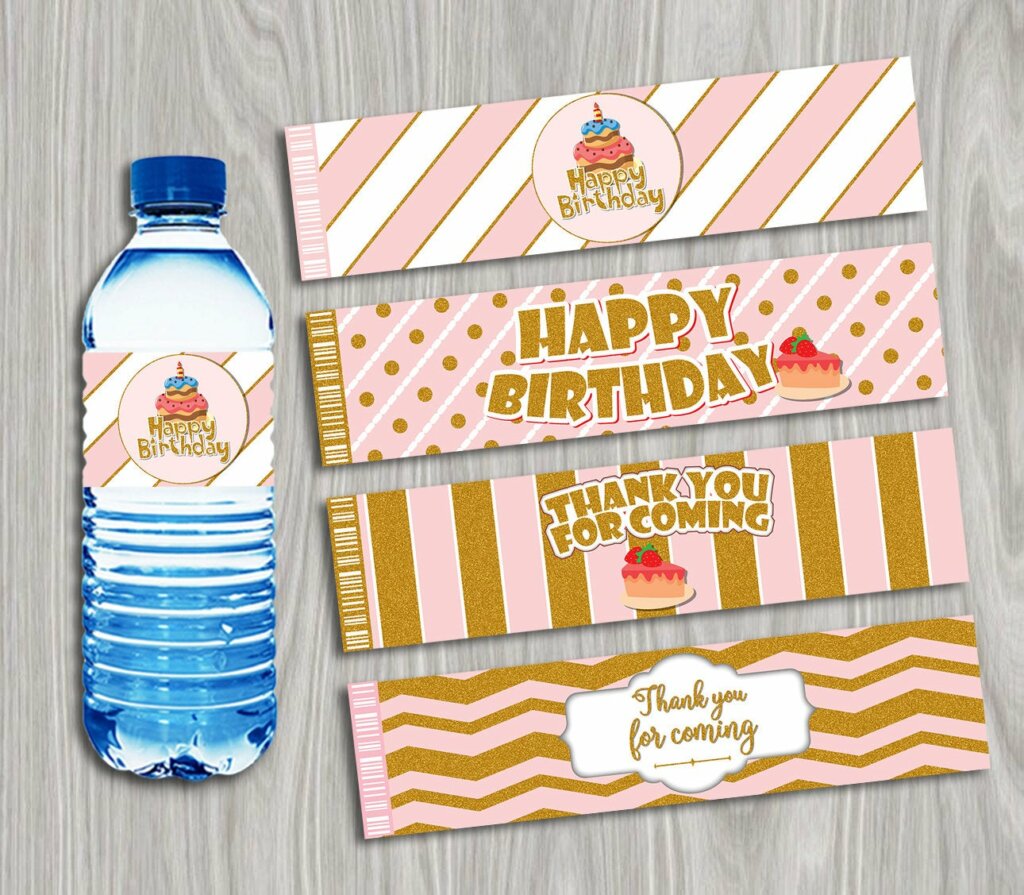 Pink and gold Water Bottle Labels, Pink and gold Birthday Water Bottle