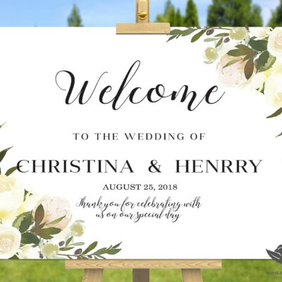 Wedding suite, Custom wedding welcome sign, welcom board, Blush White Roses, Green, Flowers Greenery Cream, Wedding Invitation || WEWS_54_02