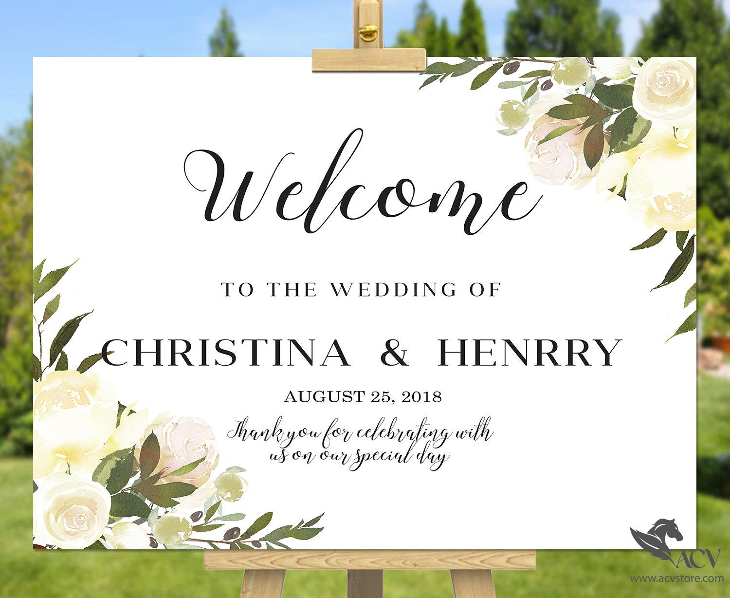 Wedding suite, Custom wedding welcome sign, welcom board, Blush White Roses, Green, Flowers Greenery Cream, Wedding Invitation || WEWS_54_02
