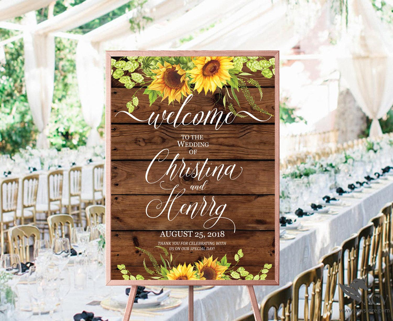 Wedding suite, Custom wedding welcome sign, welcom board, Sunflower Rustic, String Light, Vintage Sunflower, Wedding Invitation || WEWS_58_2